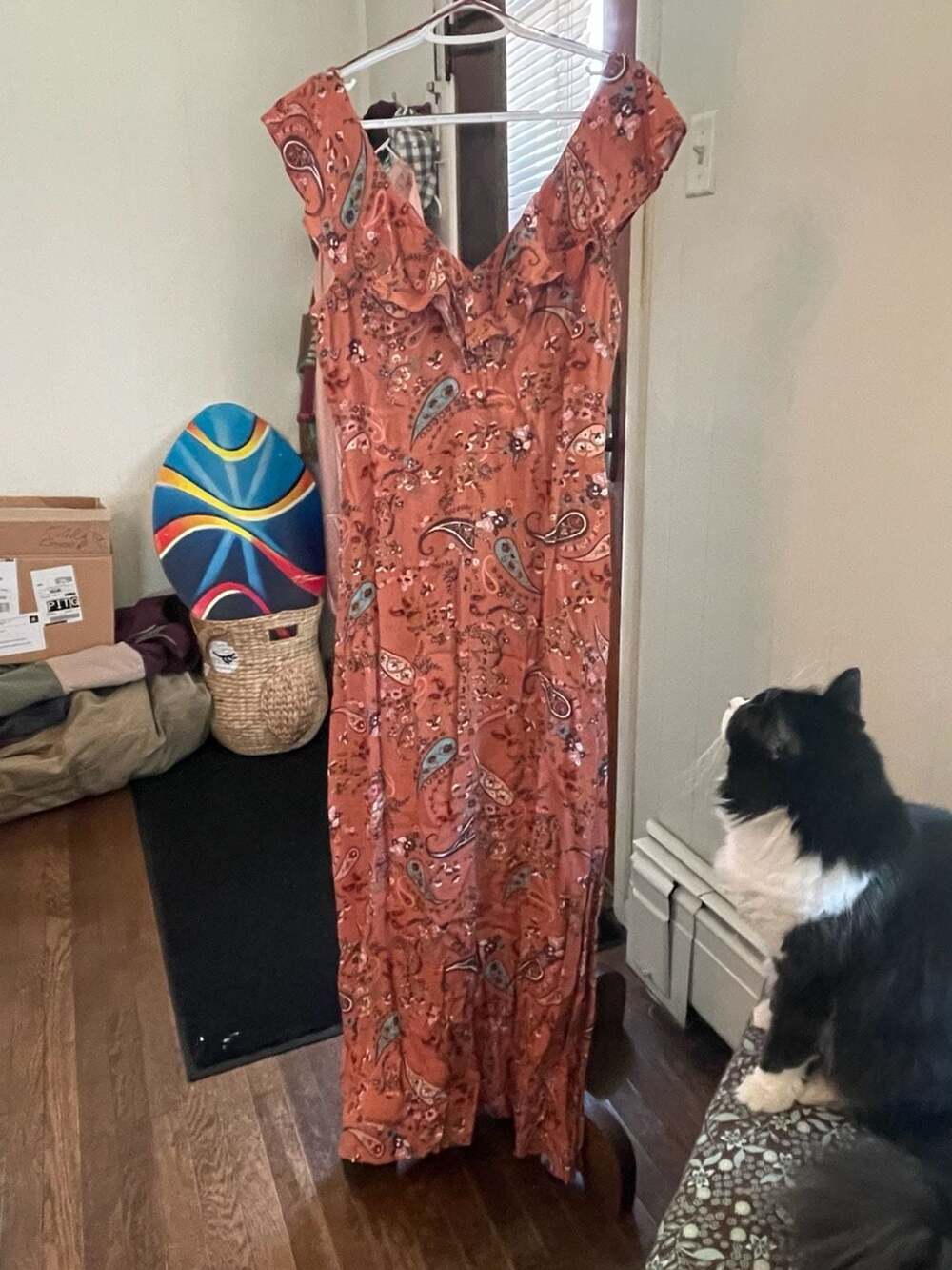 NWOT Willow & Clay Rust Orange Paisley Floral Ruffle Trim Button-Down Maxi Dress